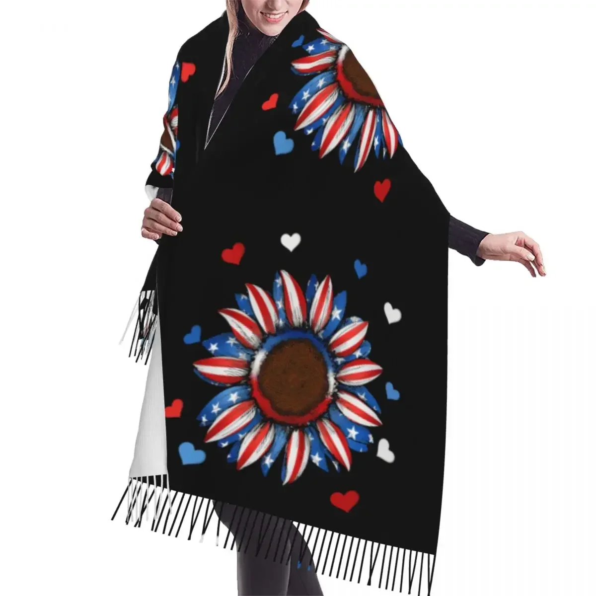 Custom USA Flag Flower Fourth Of July Tassel Scarf Women Soft Shawl Wrap Lady Winter Fall Scarves