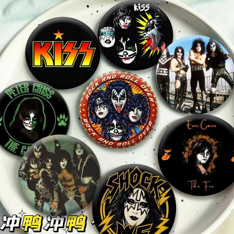 Retro Heavy Metal K-Kiss Button Pins Creative Funny Round Snap-in Brooch Rock Band Lapel Badge Hat Bag Decor Jewelry Accessories