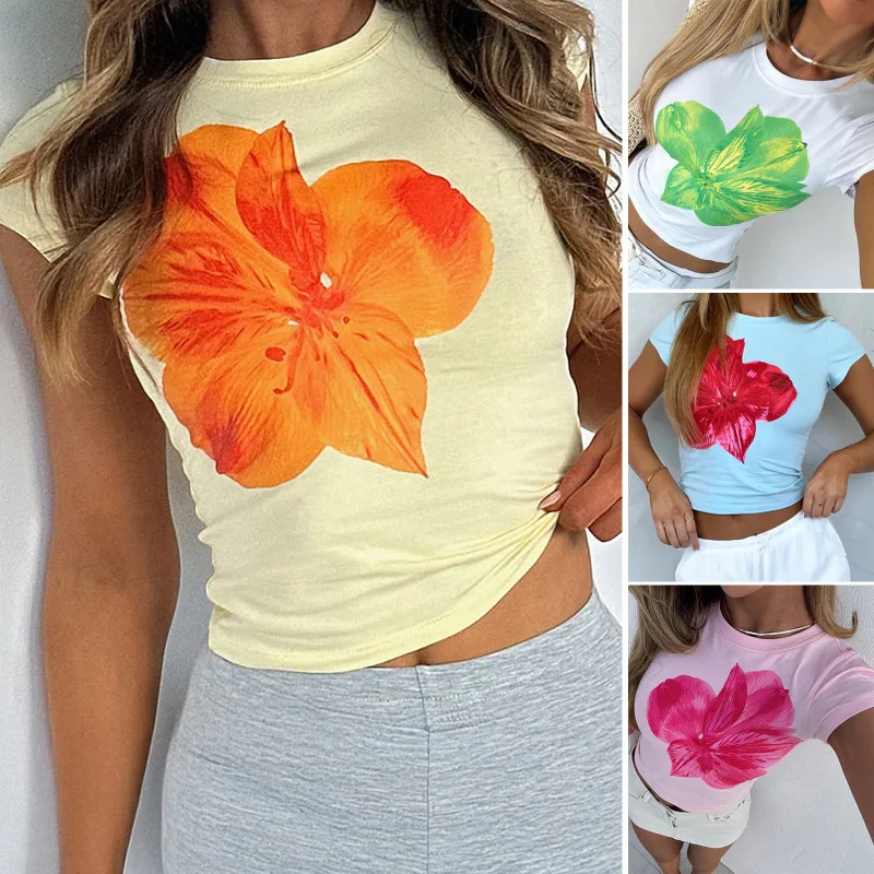 

Top Women'S Casual Slim Fit Waist Cinching Flower Printed Short Sleeved T-Shirt