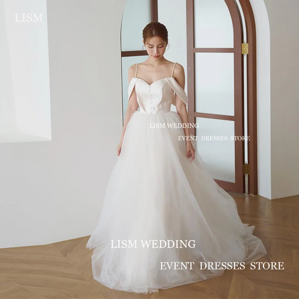 

LISM Simple Korea A-Line Wedding Dresses Photo Shoot Spaghetti Straps Tulle Floor Length Bridal Gowns Mariage Vestidos de noiva