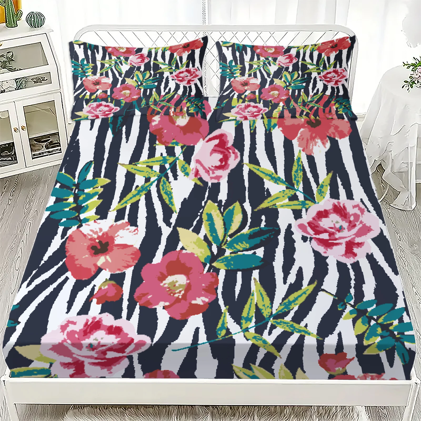 3pcs Fitted Sheet Set Zebra Stripes Pink Flowers Green Leaves Bed Sheet With Pillowcases For Bedroom Decor