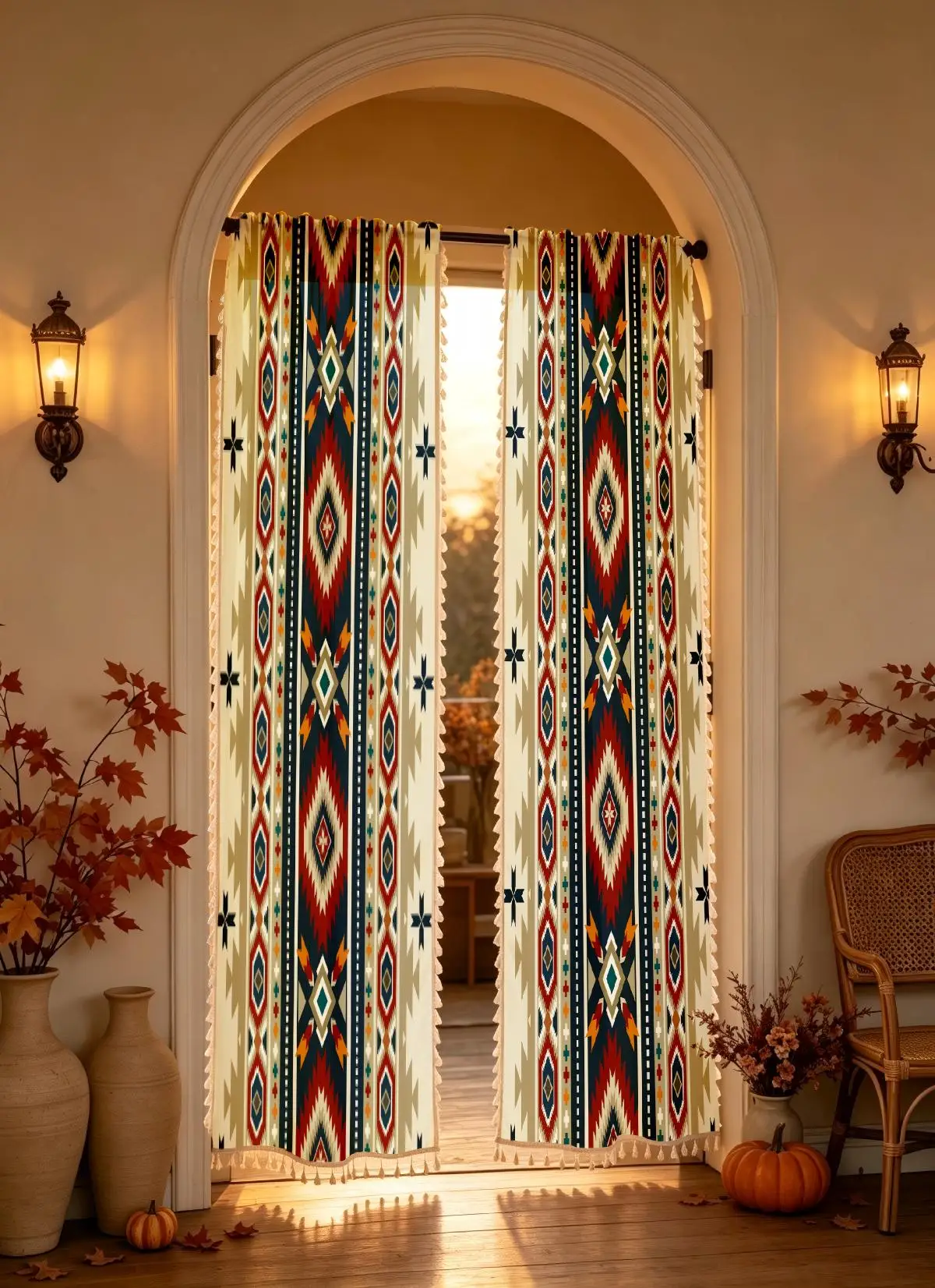 1PC Boho Tassel Sheer Curtains, Red Blue Aztec Geometric, Digital Print, Linen Polyester, Bedroom Living Room, Home Decor