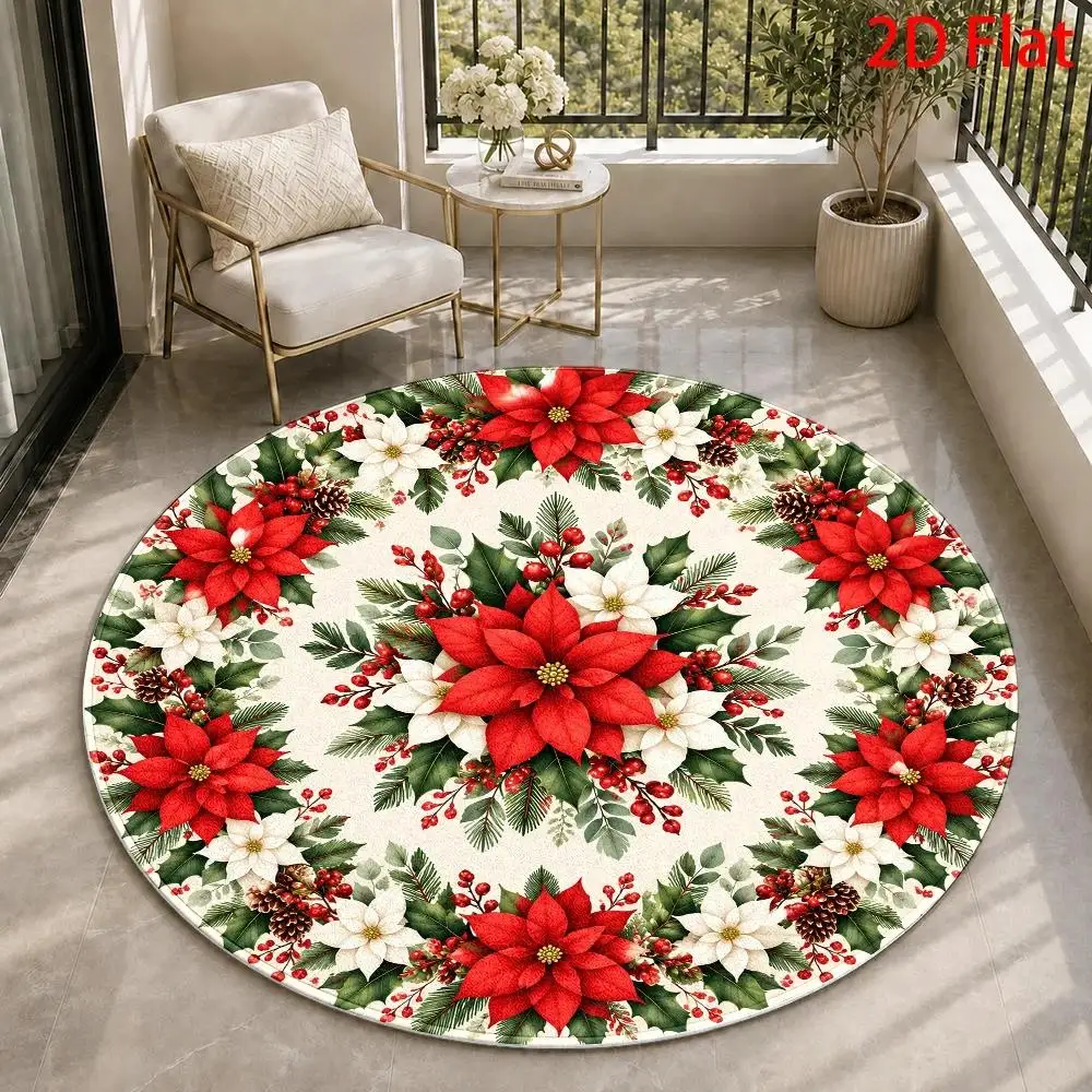 Round Christmas Printed Rug Reindeer Wreath Bell Carpet For Living Room Bedroom Xmas Ornament