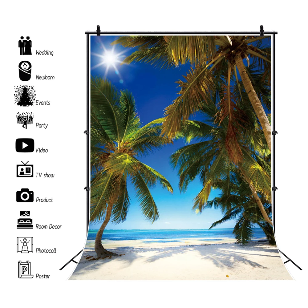 Summer Tropical Hawaii Palm Tree Beach Photography Backdrops Wedding Bride Shower Blue Sea Sky Sunshine Luau Party Background