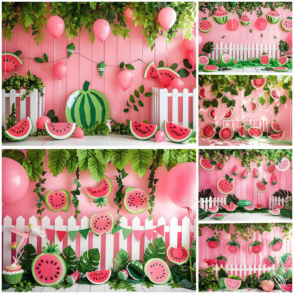 Mocsicka Summer Watermelon Photography Background Pink Wall Green Leaves Baby Kid Portrait Photo Backdrop Studio Photocall Props