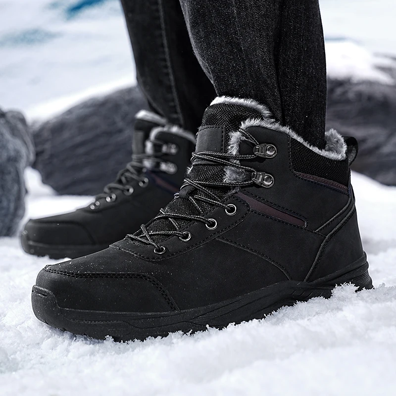 Winter Warm Plush Fur Snow Boots lace up Waterproof Leather Men Boots olush warm snow boots Outdoor men cotton shoes big size 48