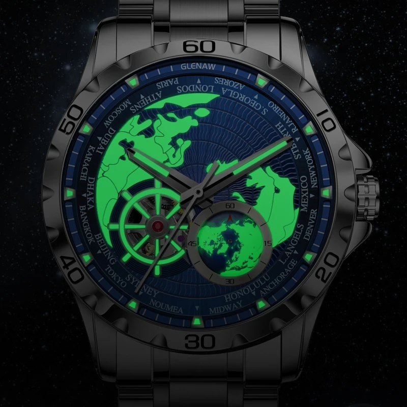 2025 New GLENAW Earth Series Mechanical Watch Men Rotating Earth Dial Night Light Waterproof Top Luxury Design Mechanical Watch
