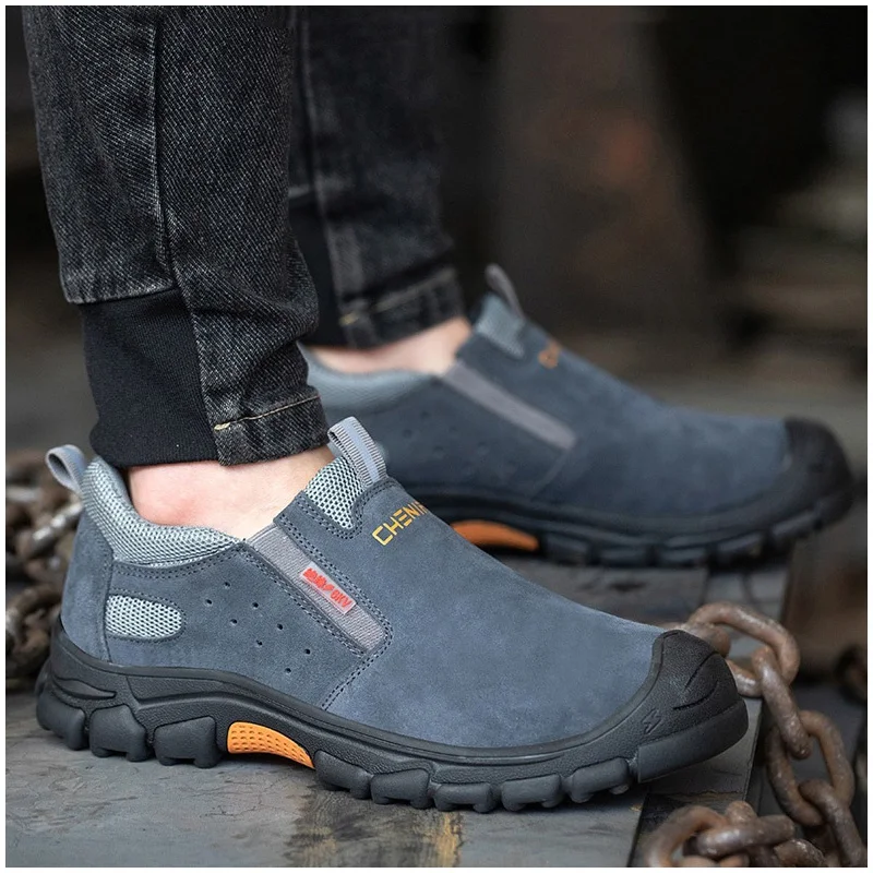

large size mens fashion safety shoes slip-on steel toe covers work shoe cow suede leather worker security boots safe footwear
