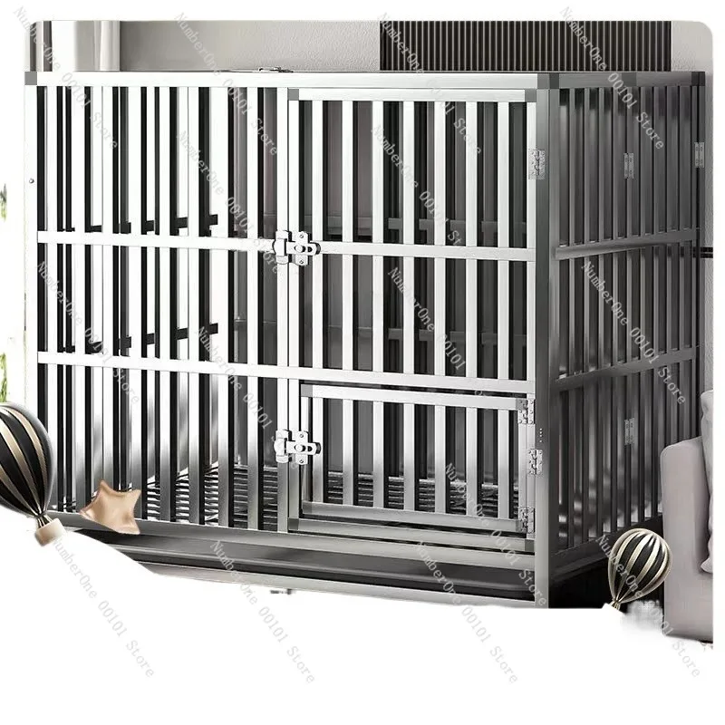 Edelstahl-Hundebox für große, mittelgroße und kleine Hunde, faltbarer Indoor-Tierkäfig mit Toilettenwanne, einstöckiges Zwingerhaus