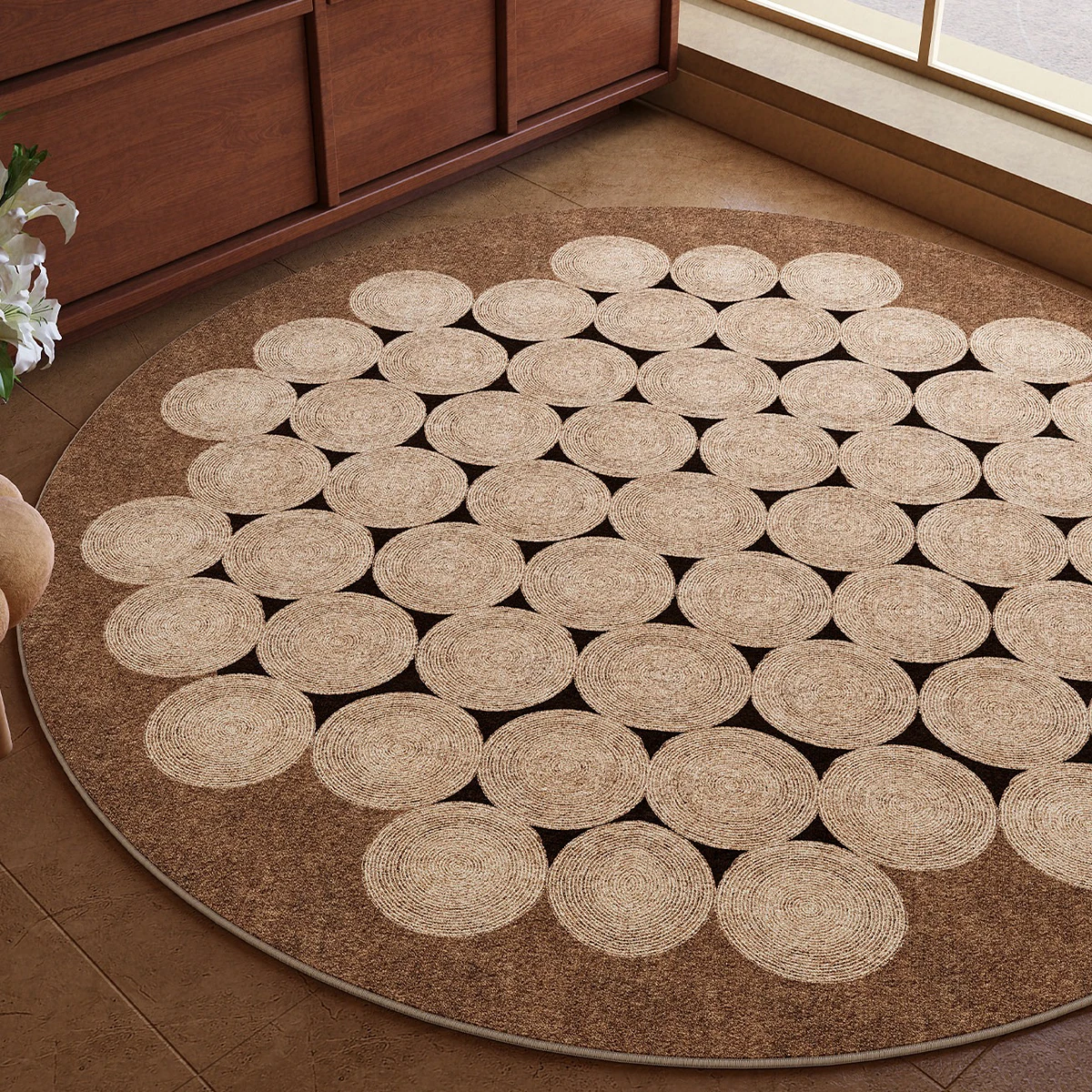 Geometric Pattern Round Rug Vintage Light Luxury Living Room Floor Mat Soft Short Plush Carpet for Bedroom Rugs 원형러그 Tapis Rond