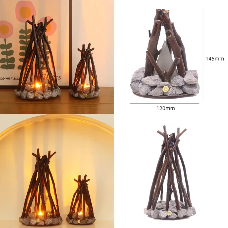 Stone Base Wood Branch LED Table Lamp, Touch Control Rechargeable Faux Flame Night Light Bedroom Desktop Home Table Decor Gift