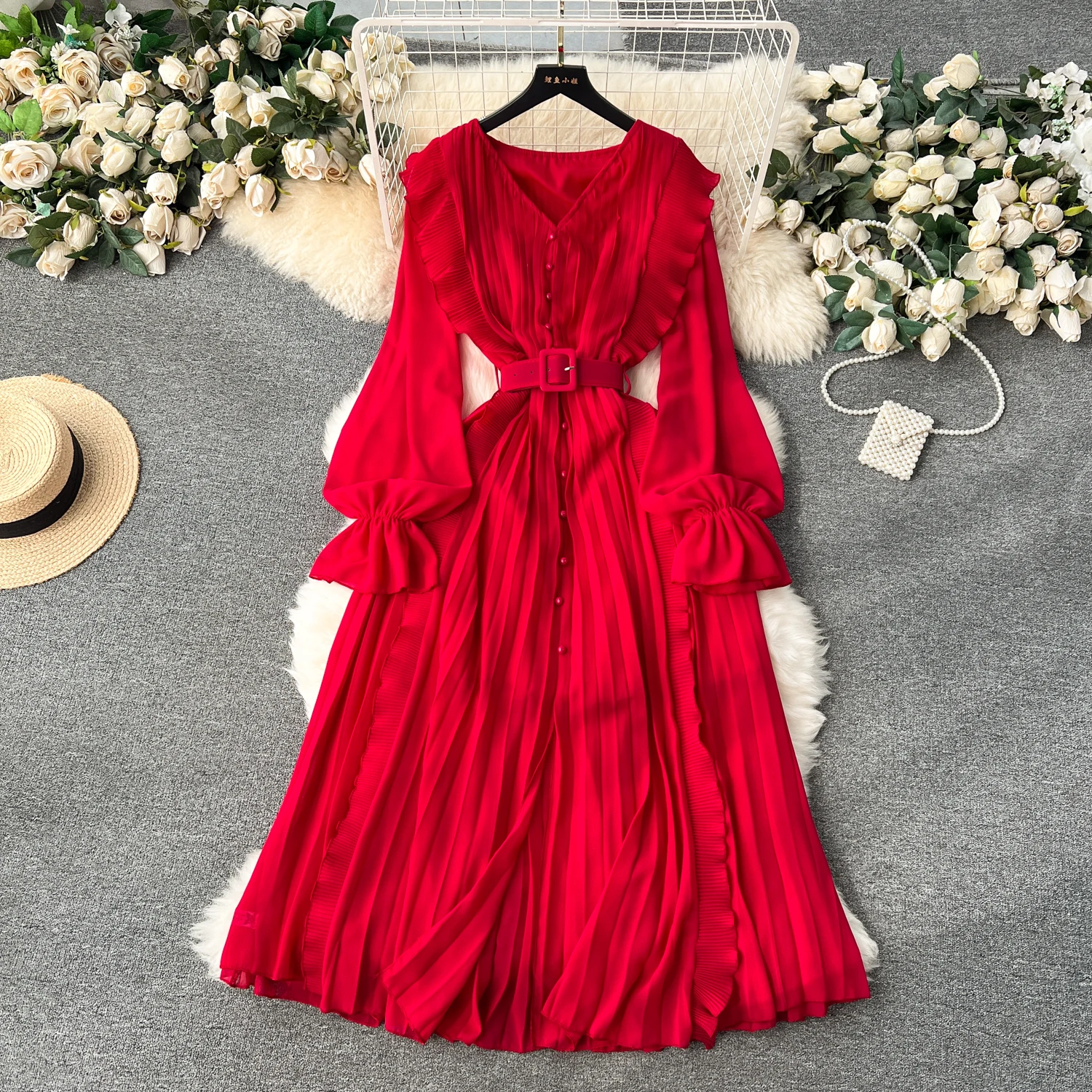 

French Sexy Chic Ruffle Pleated Elegant Long Sleeve Dress A-line High Waist Beach Vacation Party Women Summer Spring Vestidos