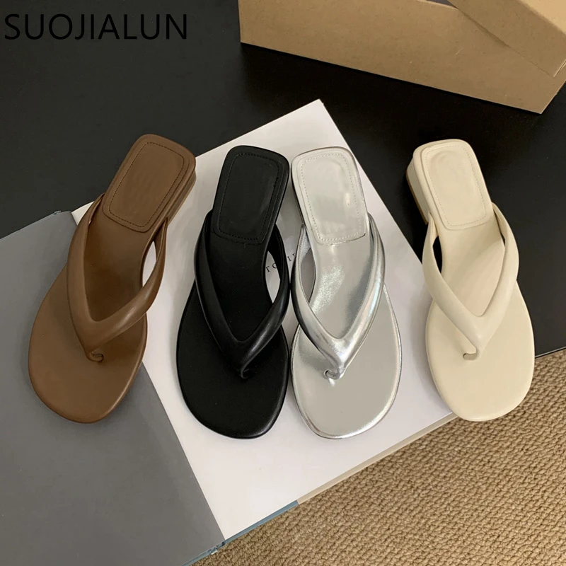 SUOJIALUN 2023 Summer Square Low Women Flip Flop Shoes Fashion Narrow Band Ladies Casual Slipper Outdoor Vaction Beach Slides Sa