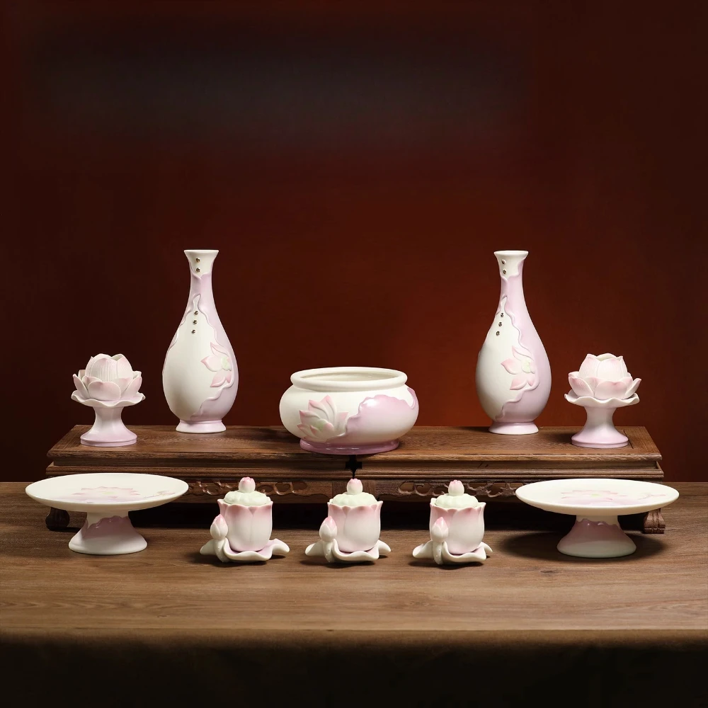 Ceramic Pink Lotus Buddha Set, Offering Set, Fruit Plate, Vase, Water Cup, Incense Burner, Incense Barrel, Candlestick