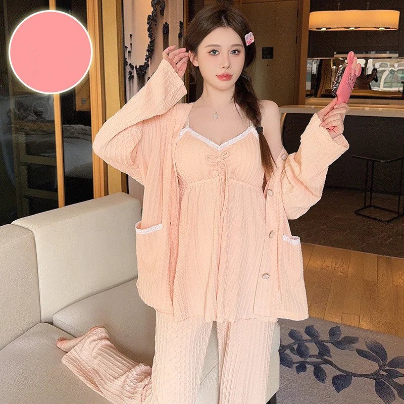 Korean Sexy Pijama Mujer Women\'s Pajamas Set Cotton Comfortable 3 Pieces Sleepwear Chest Pad Home Clothes Winter Pyjamas Femme