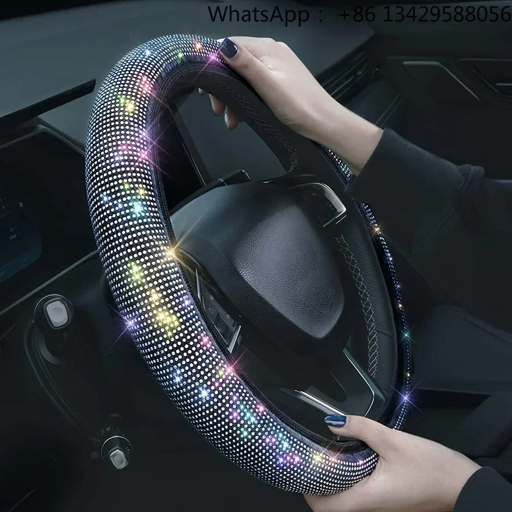 For Women Girl with Crystal Diamond Sparkling 38cm Universal Car SUV Breathable Anti-Slip Bling Rhinestones Steering Wheel Cover
