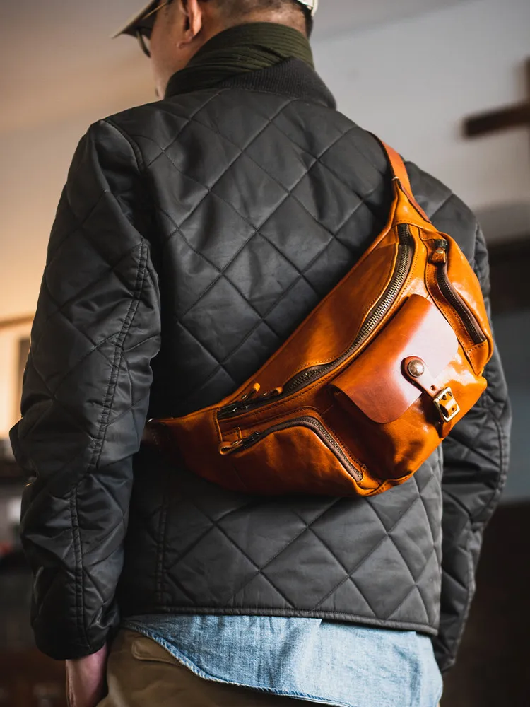 PNDME fashion vintage high quality genuine leather men's chest bag outdoor daily handmade cow leather motorcycle crossbody bag