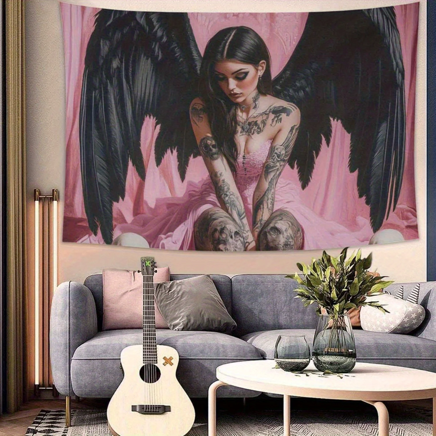 1PC Gothic Angel Wing Tapestry Pink & Black Horizontal Wall Hanging, Soft Polyester Fabric, Goth Art Decor for Bedroom Living Ro