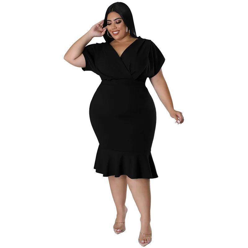 Plus Size Dresses 3xl 4xl 5xl Summer Dresses for Women 2022  New V-neck Solid Color Hip Wrap Dress Women Clothing Party Dress