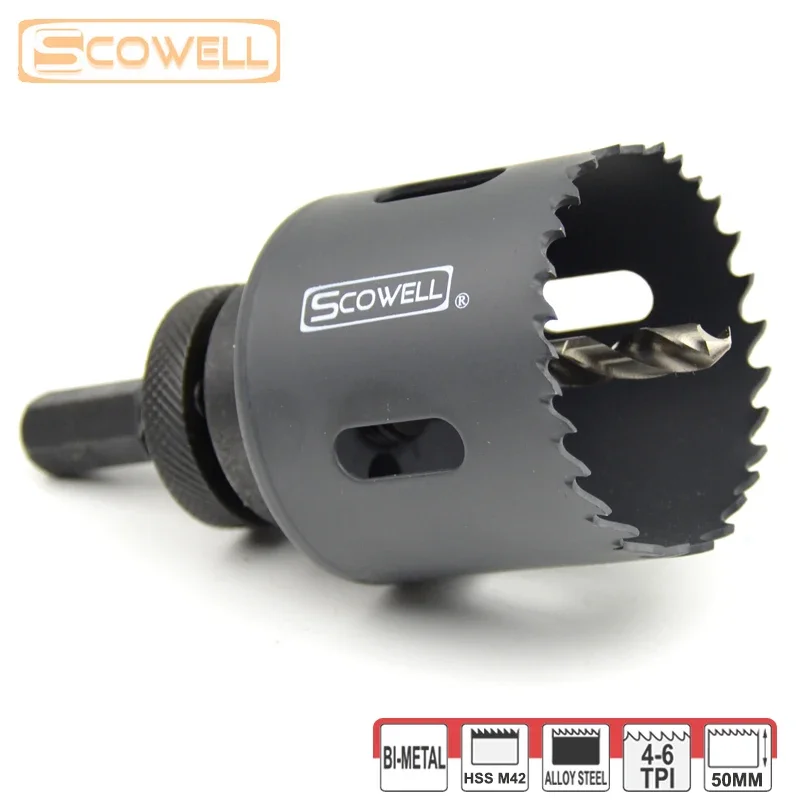 1 Pack SCOWELL HSS Bimetal M42 Holesaw Crown Saw Max 47mm Depth Deep Hole Saw Cutter with Arbor Drill Bit Set For Cutting Metal