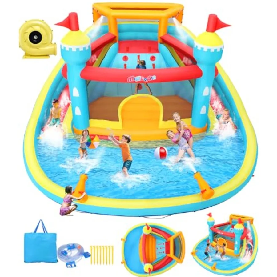 

Надувной батут-горка 14.1x13.8 футов с двойной водной горкой и двумя зонами для прыжков, сине-желтый, надувная водная горка-батут