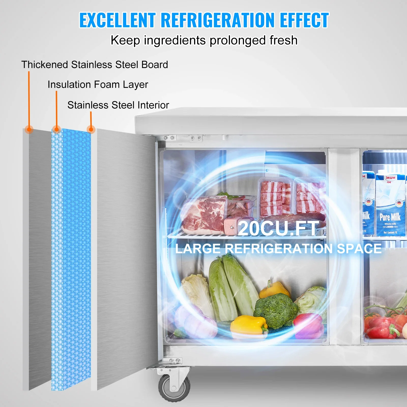 

72 Inch Commercial Sandwich Salad Prep Refrigerator 20Cu.Ft Frost-Free Food Prep Fridge Restaurant Bar Equipment