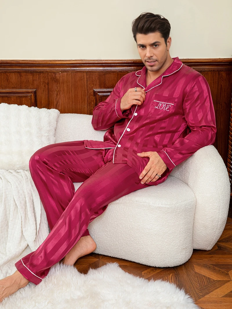 Men Silky 2Pcs Pyjama Set Stripe Print Long-Sleeve Lapel Chest Pocket And Pants Fit Cozy Home Suit Hombre Comfortable Sleepware