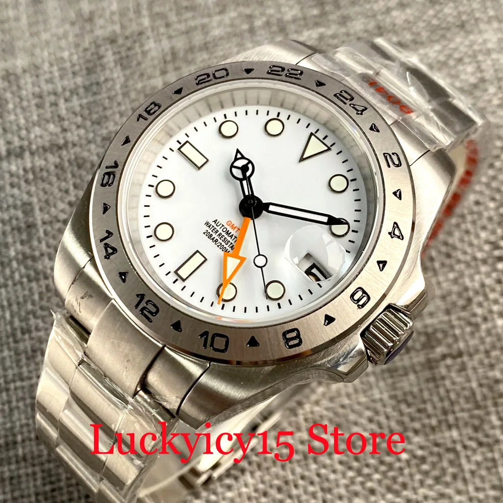 BLIGER 39MM White Dial With Date Display GMT NH34A Automatic Men Watch Luminous Brushed Strap Screwdown Crown