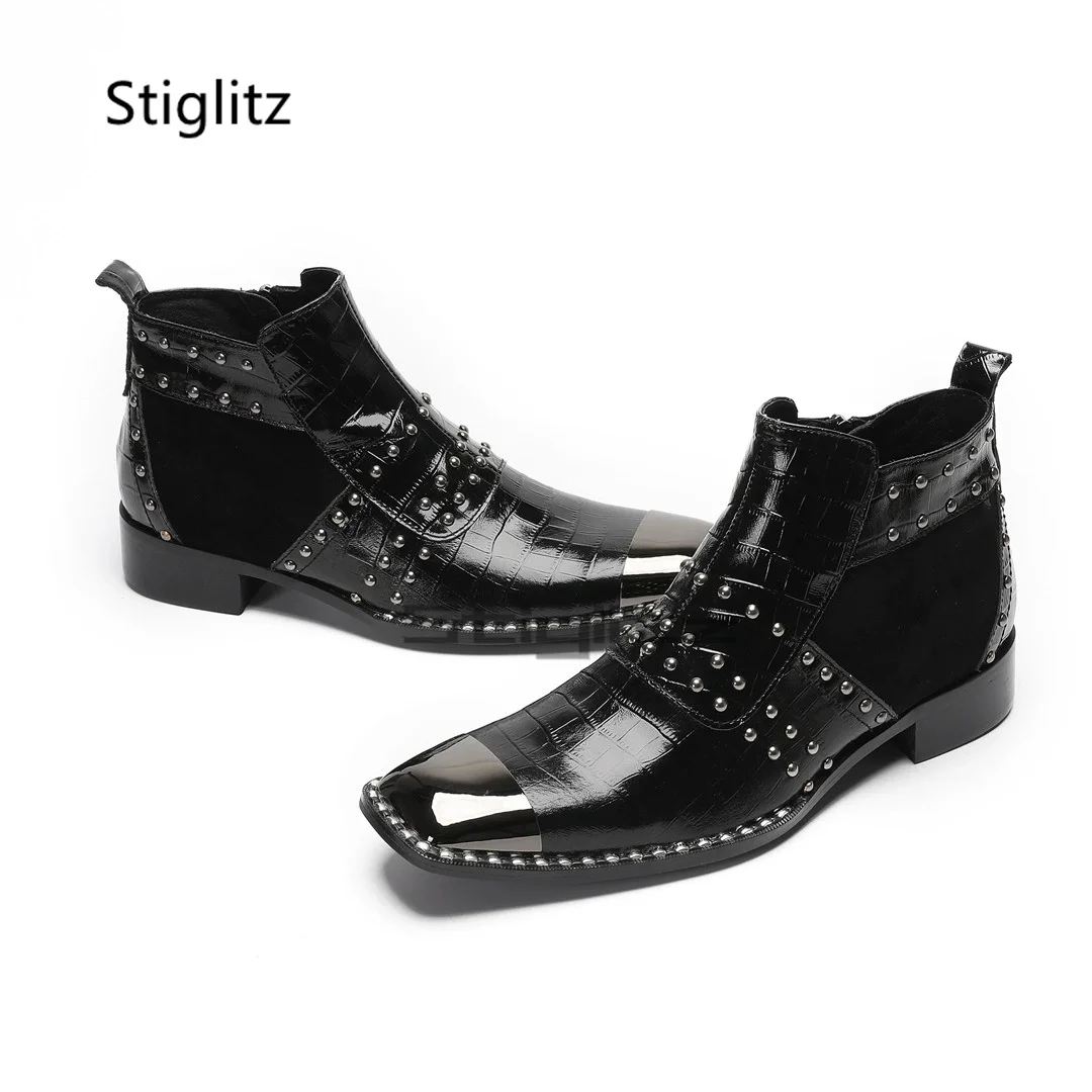 Men's Black Rivet Boots Genuine Leather Patchwork Ankle Boots Metal Square Toe Dress Zip Chelsea Boots Spring Autumn Male Shoes - view 3