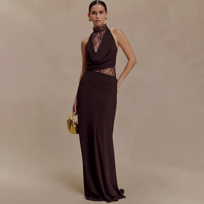 

Typhaland Sleeveless Halter Maxi Dress Women's Elegant Lace Splice Banquet Dress High Waist Fashion Slim Female Vacation Dress