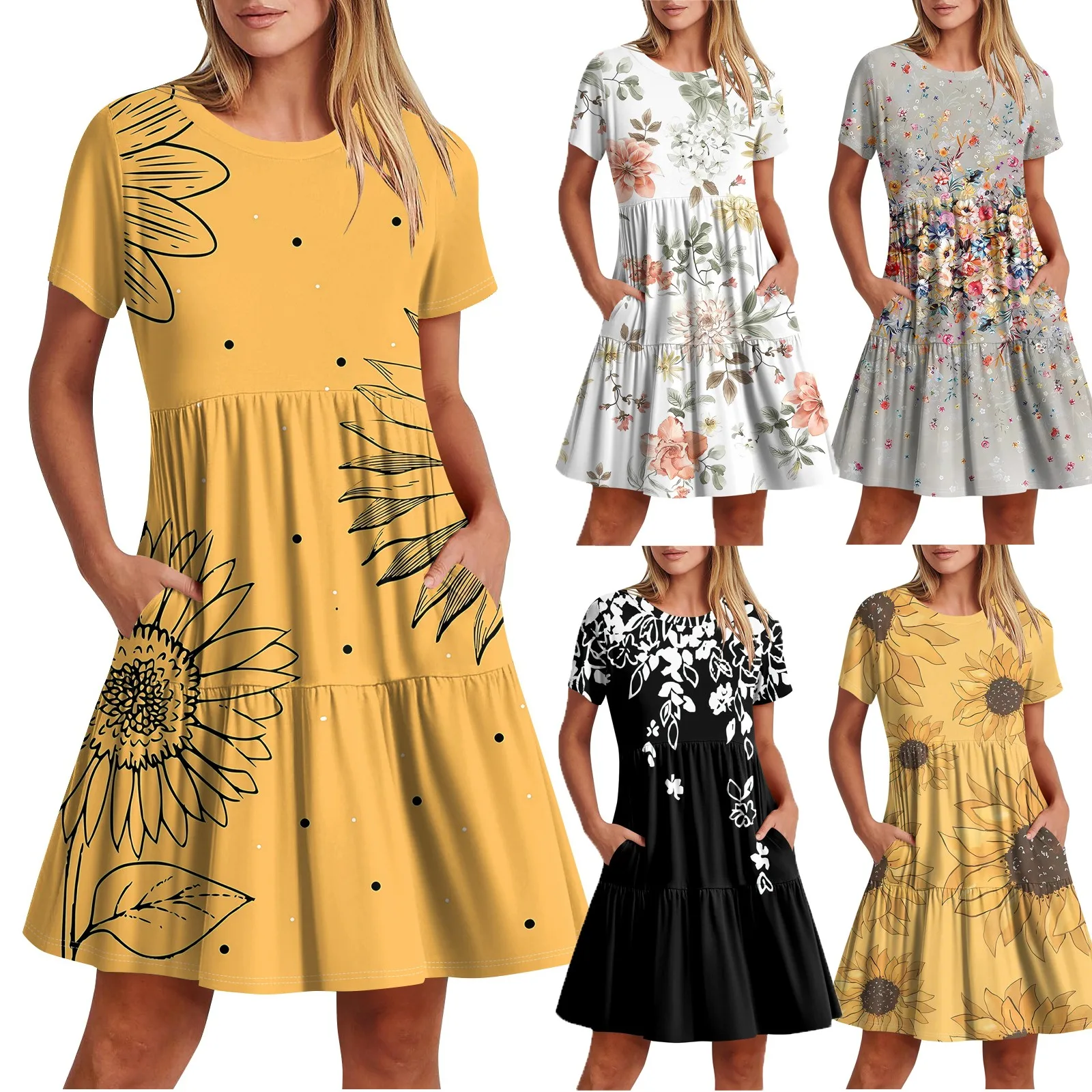 Vestidos Moda Women'S Casual Fashion Round Neck Short Sleeve Printed Midi Dress With Pocket Roupas Frete GráTis Vestidos Largos