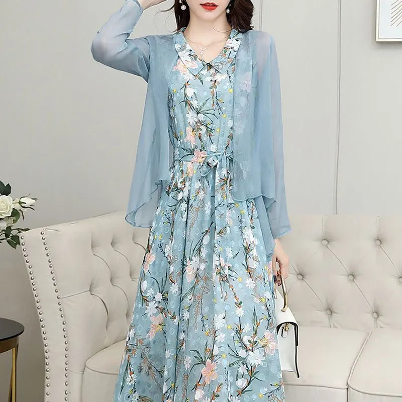 Beach Style Lapel Stylish Floral Printed Midi Matching Sets Bow 2023 Summer Two Piece Set Chiffon Female Bandage Bow Dress Sets