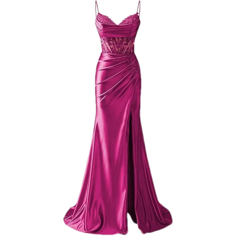 Customized Lace Appliques Satin Prom Dresses for Women with Slit Spaghetti Strap Backless Long Mermaid Evening Formal Gown - view 5