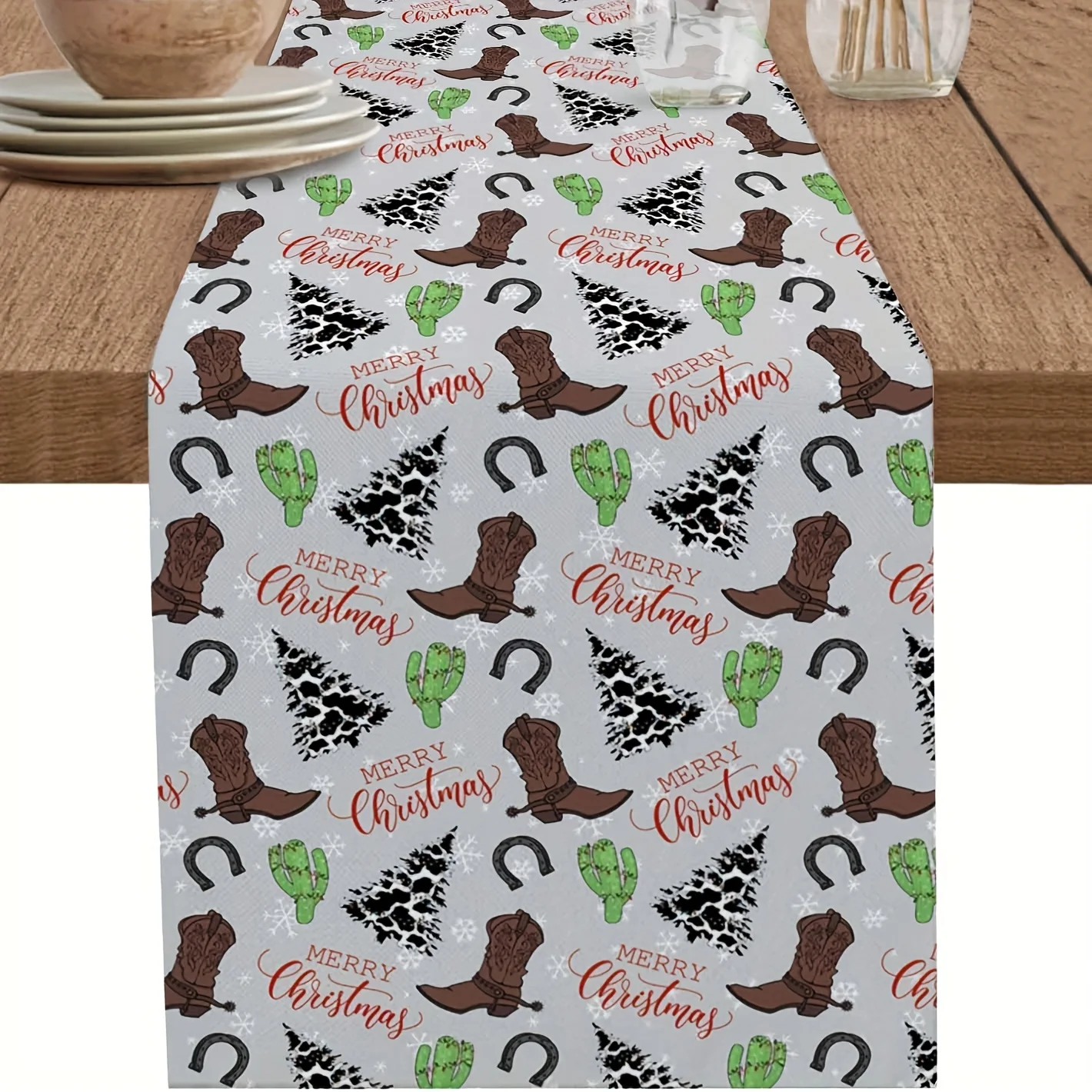 

1 Pc Christmas Themed Gray Western Style Table Runner With Cowboy Boot & Cow Pattern, Ideal for Kitchen Art, Table Setting