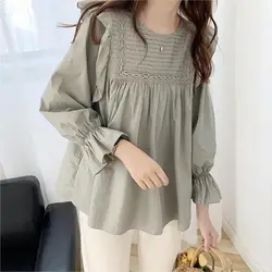 Spring Autumn New Korean Version Ruffled Doll Shirt for Women's Loose Slimming Versatile Round Neck Pleated Chic Shirt for Women