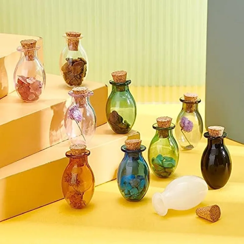 10pcs Mini Glass Bottles Colored Tiny Spell Jars Mini Potion Bottle Oval Wishing Bottle Vials with Corks Stopper Drifting Bottle