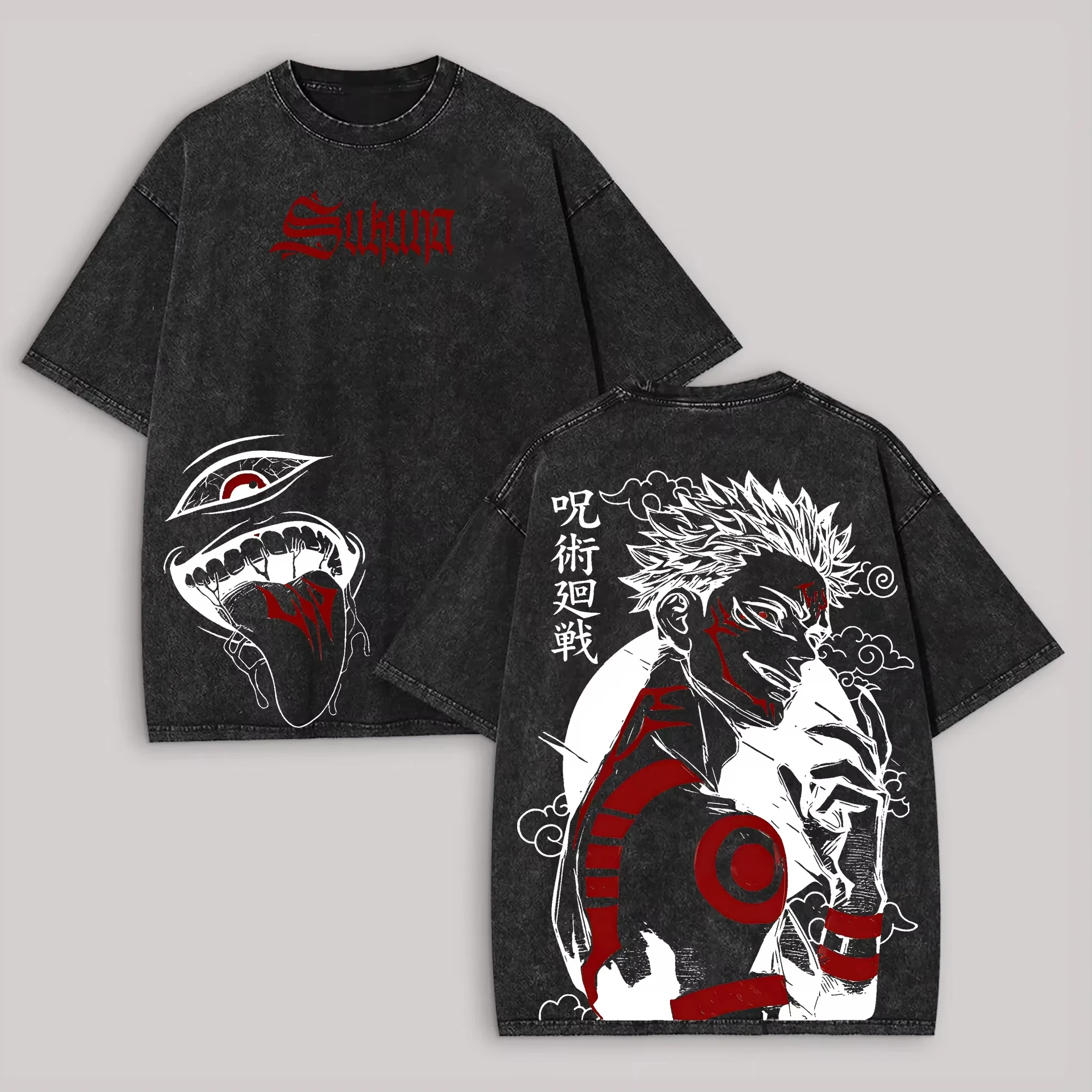 

Jujutsu Kaisen Sukuna T Shirt Eye Mouth Side Print Men Acid Wash Streetwear Anime Retro Cotton Top Tee