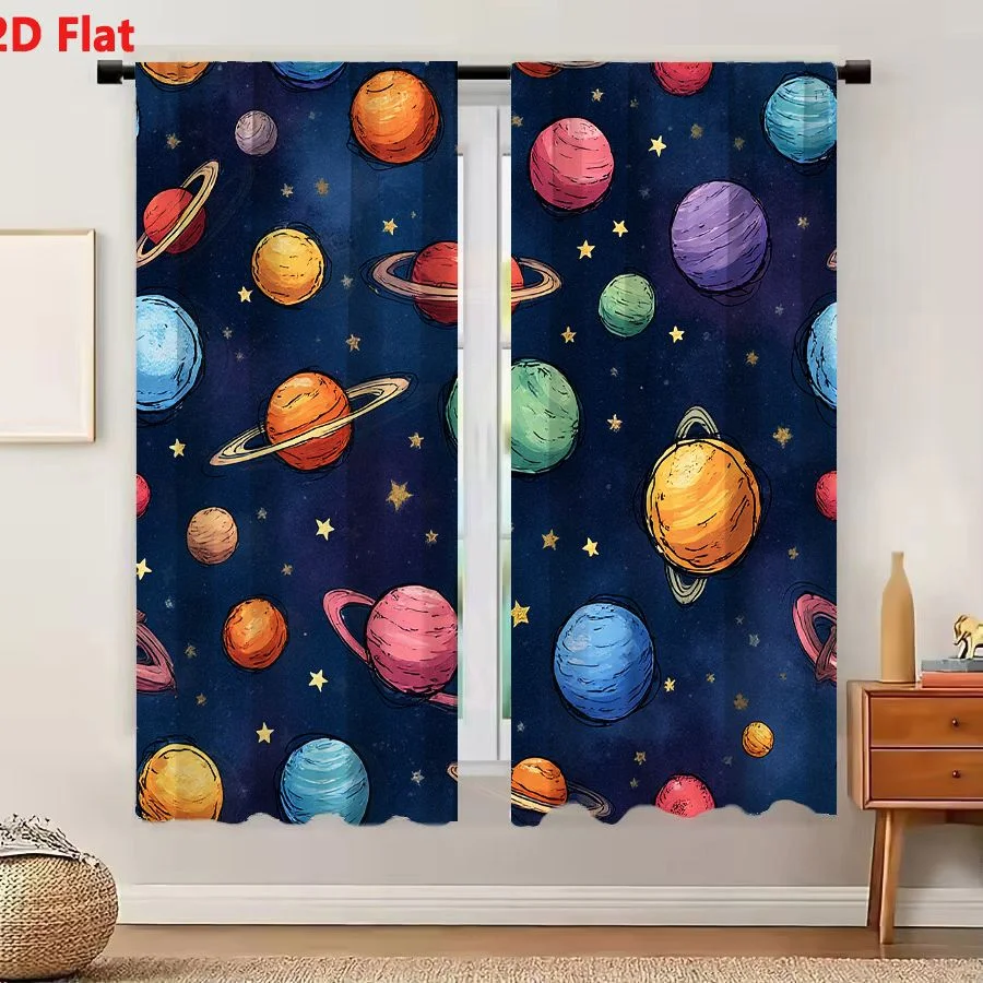 2Pcs Curtains 2D Flat Colorful Whimsical Planets With Rings And Stars On Navy Blue Background Seamless Pattern Window Drapes for