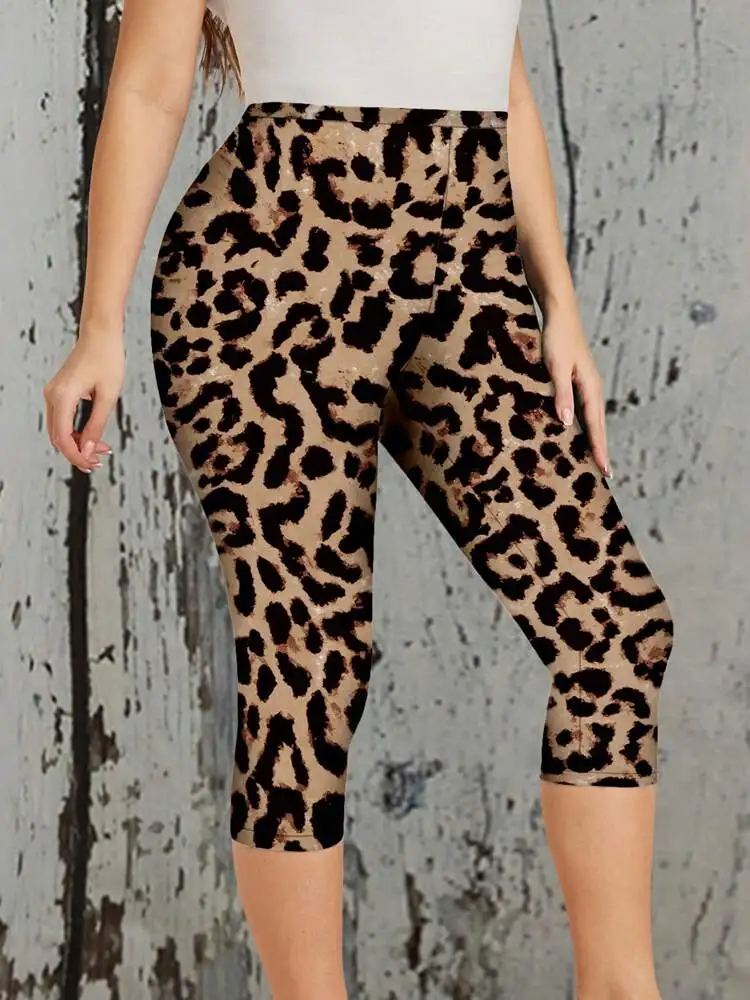 Leopard print stretch slimming elastic waist tight casual leggings capri pants for women spring/summer