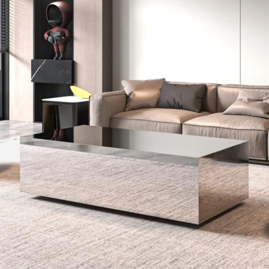 Mirrored Coffee Table for Living Room 47.2 Modern Glass Coffee Table with Tempered Glass Top Rectangular Center Table Premium F