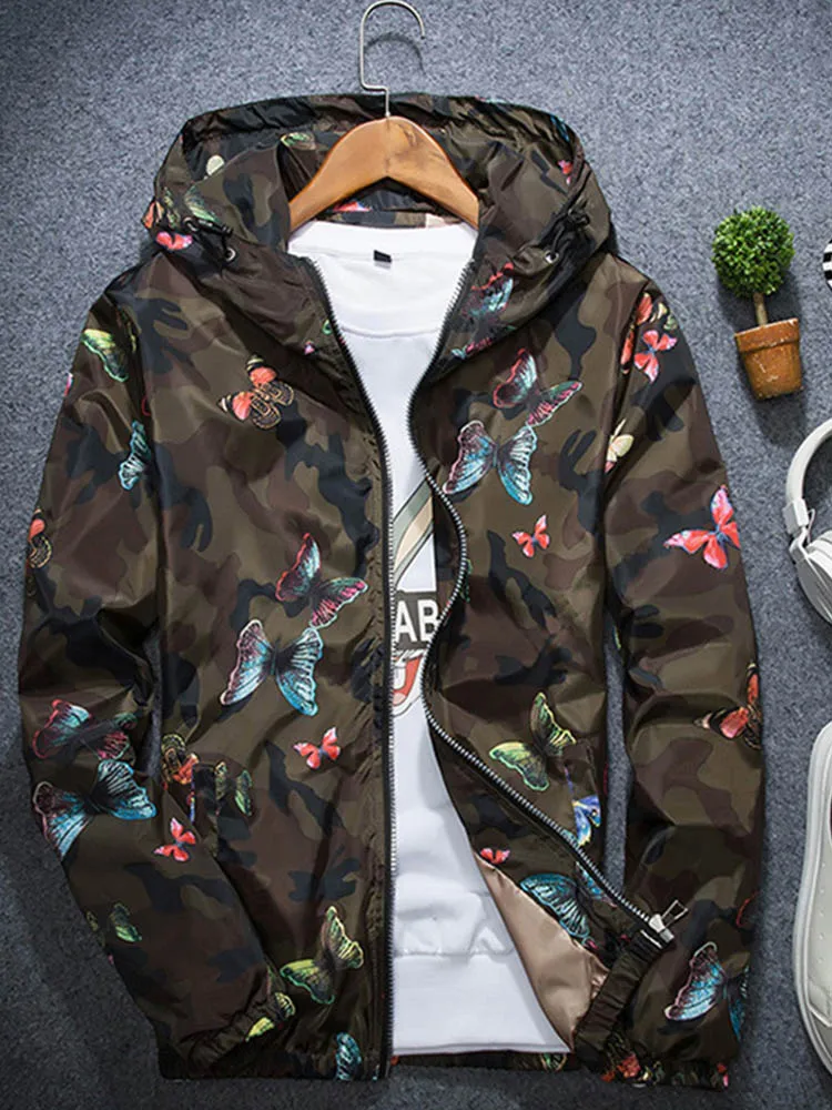 Thin Camouflage Windbreaker Jacket for Women, Butterfly Hooded Coats, Spring and Summer, High Quality, 2024