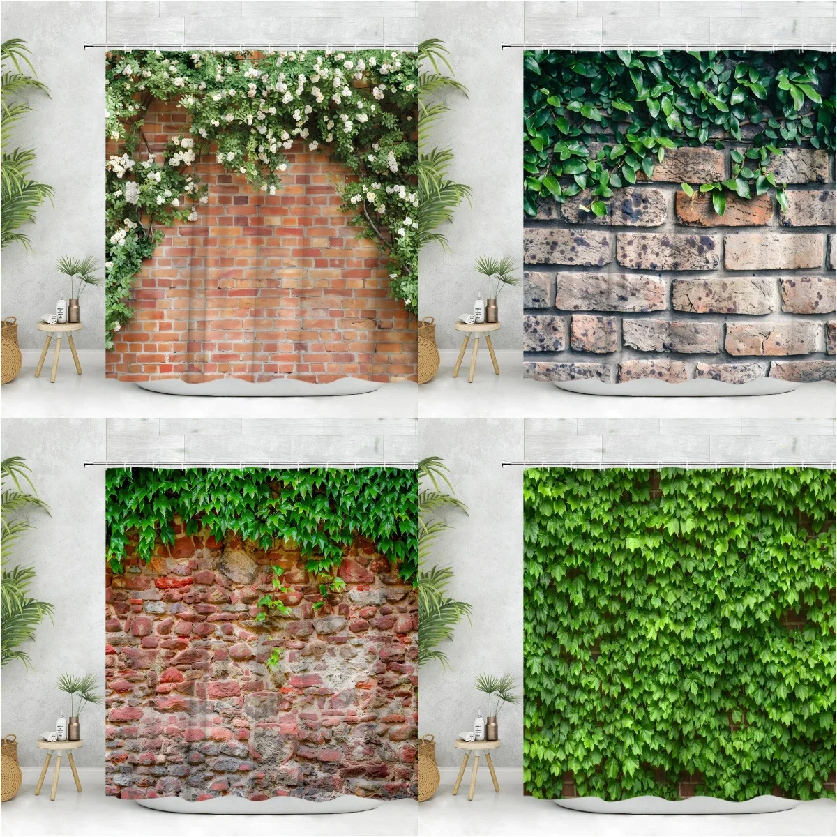 Rustic Red Brick Wall Ivy Shower Curtain Vintage Stone Wall Green Vine Plant Print Waterproof Fabric Bathroom Curtain Home Decor