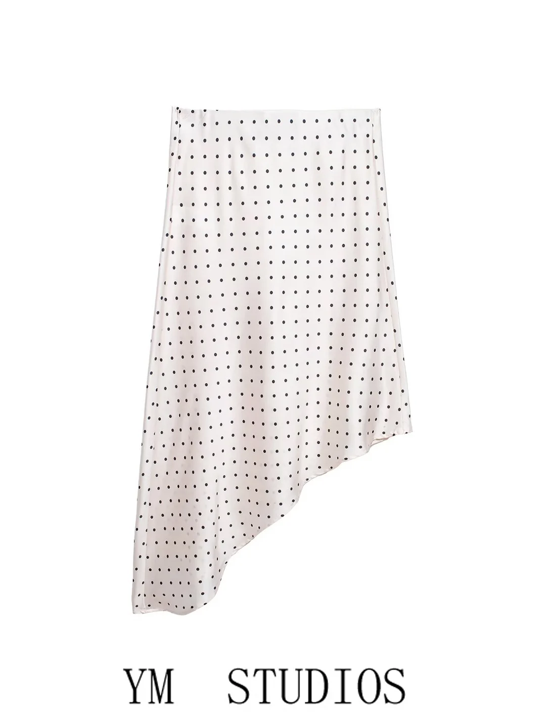 Women's Polka Dot Print Asymmetrical Silken Half Skirt Midi Length Side Slit Moonlight Skirt Fashionable And Mature