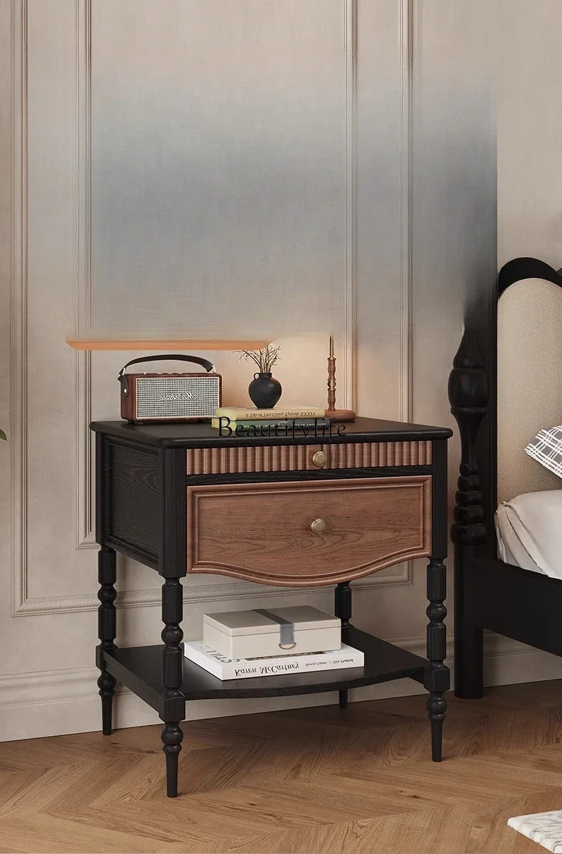 

LD6*Medieval bedside table, all solid wood, high-end storage cabinet, black.