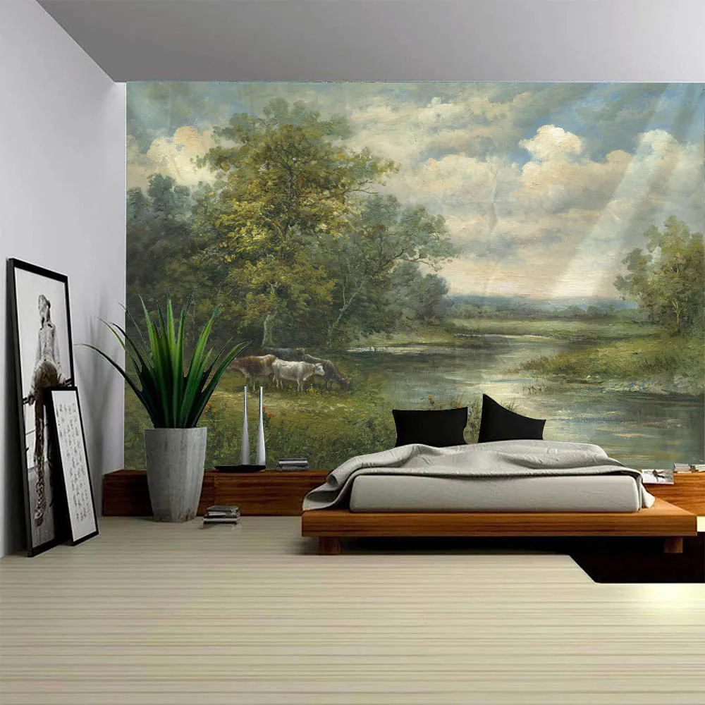 Rural scenery oil painting wall tapestry, retro oil painting, suitable for aesthetic wall decoration in bedrooms, living rooms 2