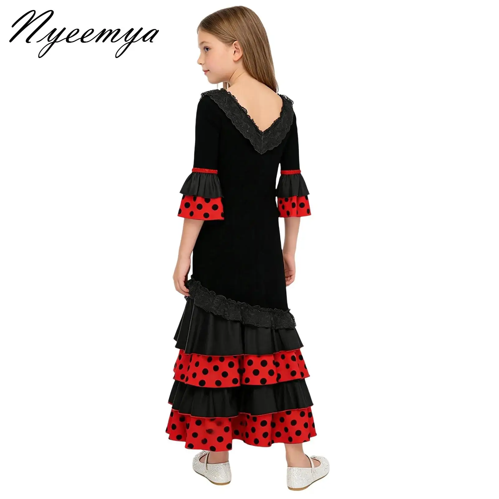 

Girl's Dress for Flamenco Stage Performance Competition Sevillanas Dance Dress Lace 3/4 Sleeves Dots Tiered Ruffle Ballroom Wear