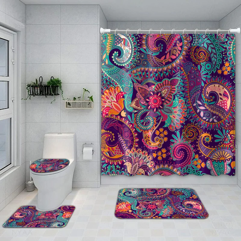 Patterned Set: Includes 1/4 Pcs Abstract Paisley Printed Shower Curtain with 12 Hooks, Non-Slip Bath Mat, U-Shaped