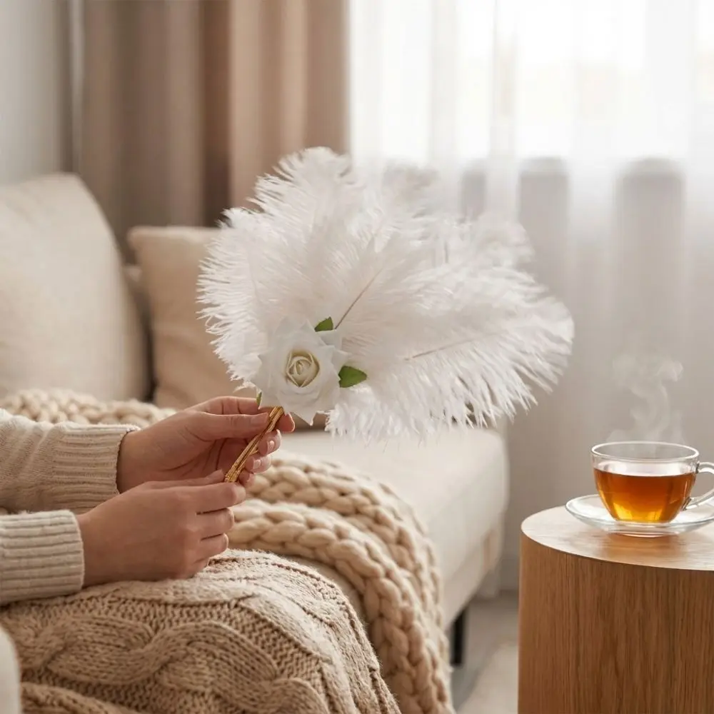 Gold Handle Ostrich Feather Fan Handmade Craft Artificial Rose Chinese Hand Fan Fan Soft Fluffy Dance Fan Party Occasions