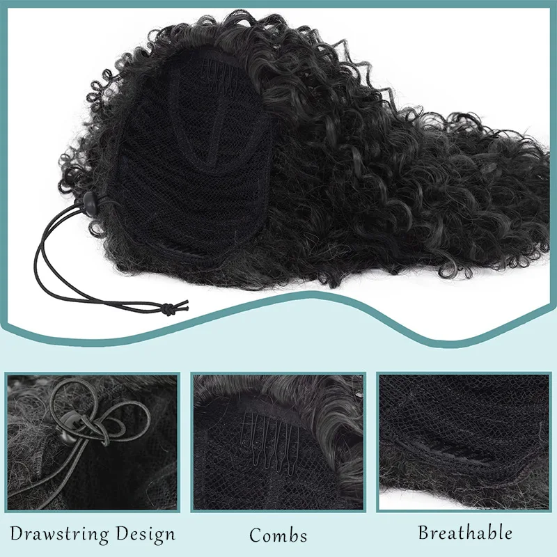 Afro Kinky Curly Drawstring Ponytail Extensions Synthetic 20 Inch Long Curly Horse Tail False Hair Heat-Resistant for Women Use