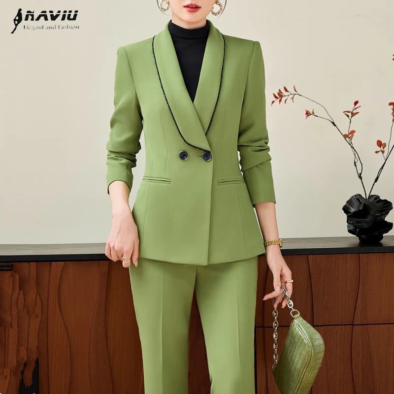 

NAVIU Green Rose Женский пиджак и брючный костюм Офисная женская деловая рабочая одежда Комплект из 2 предметов Женская куртка с длинным рукавом и брюки